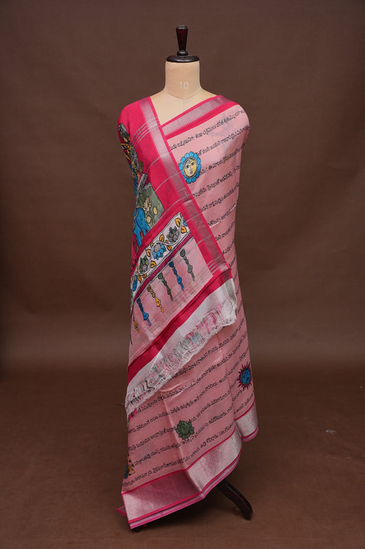 Mangalagiri Printed Silk Saree - Peach Pink & Rani Pink