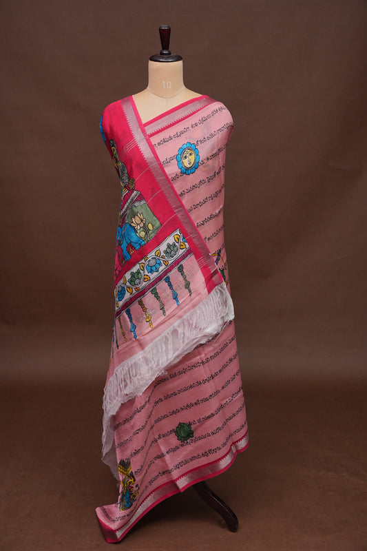 Mangalagiri Printed Silk Saree - Peach Pink & Rani Pink