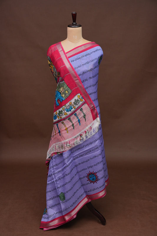 Mangalagiri Printed Silk Saree - Lavender & Rani Pink