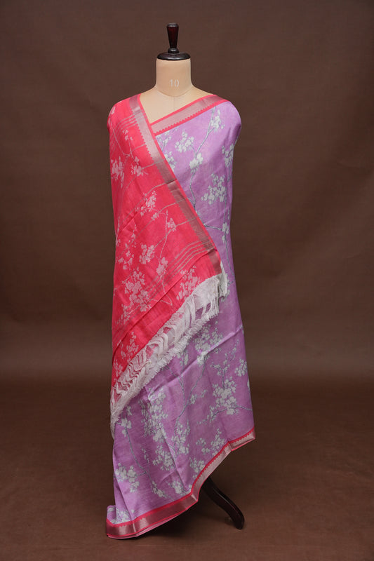 Mangalagiri Printed Silk Saree - Lavender Purple & Coral Red