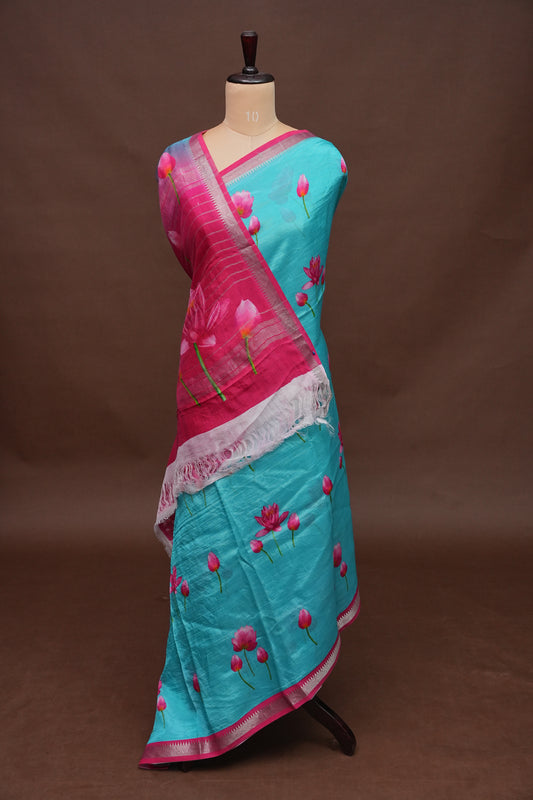 Mangalagiri Printed Silk Saree – Teal Blue & Rani Pink