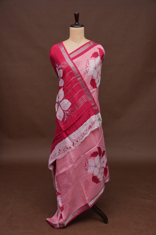Mangalagiri Printed Silk Saree – Soft Pink & Coral Red