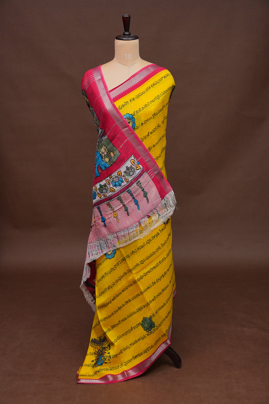 Mangalagiri Printed Silk Saree - Yellow & Rani Pink
