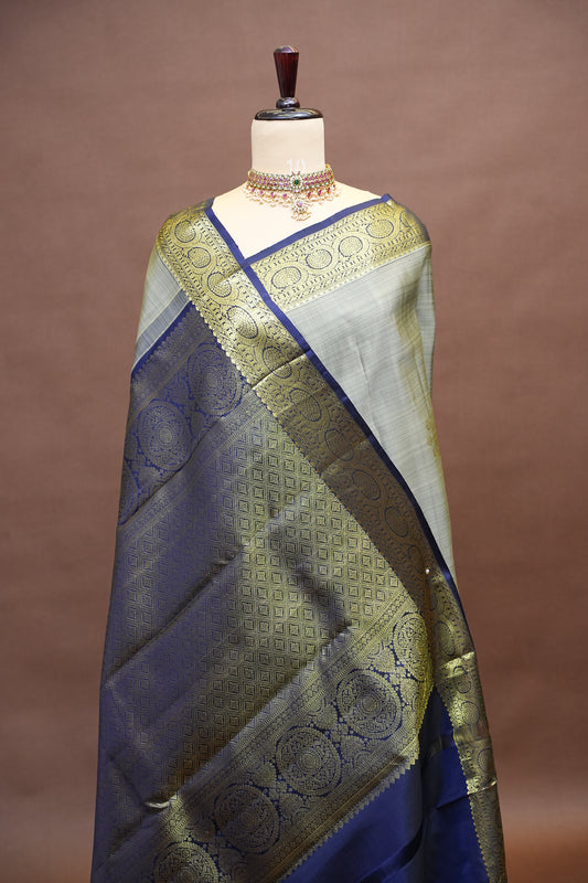 Pure Kanchivaram Silk Saree with Rich Gold Zari Weaving - Silver Grey & Navy Blue