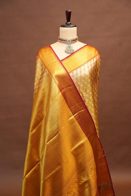 Deep Red with Gold Zari Pure Tissue Kanchipuram Silk Saree|Silk Mark Certified