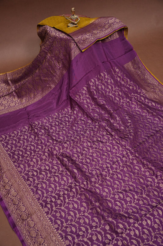 Khaddi Georgette Crepe Silk Saree with Antique Border – Mehendi Yellow & Magenta