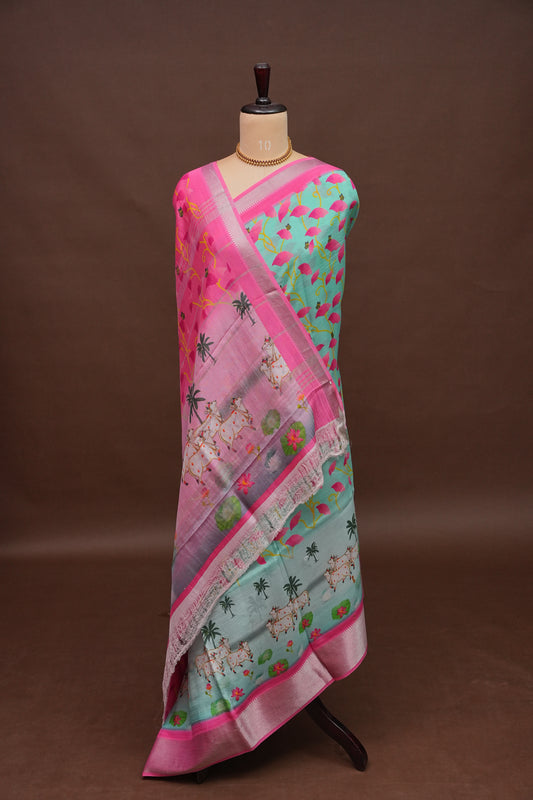 Mangalagiri Printed Silk Saree - Aqua Green & Coral Pink