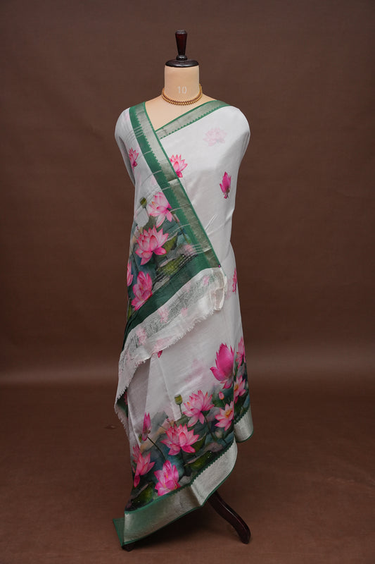 Mangalagiri Printed Silk Saree - Pearl White & Lotus Pink