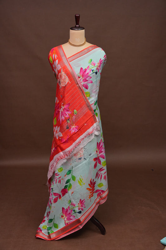 Mangalagiri Printed Silk Saree - Aqua Blue & Coral Orange