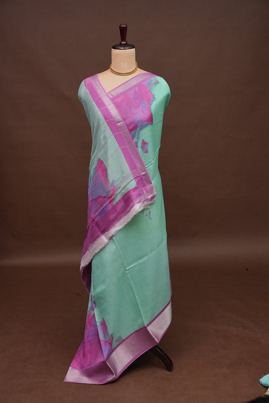 Mangalagiri Printed Silk Saree - Mint Green & Orchid Pink