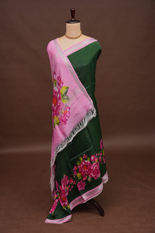 Mangalagiri Printed Silk Saree - Bottle Green & Blush Pink