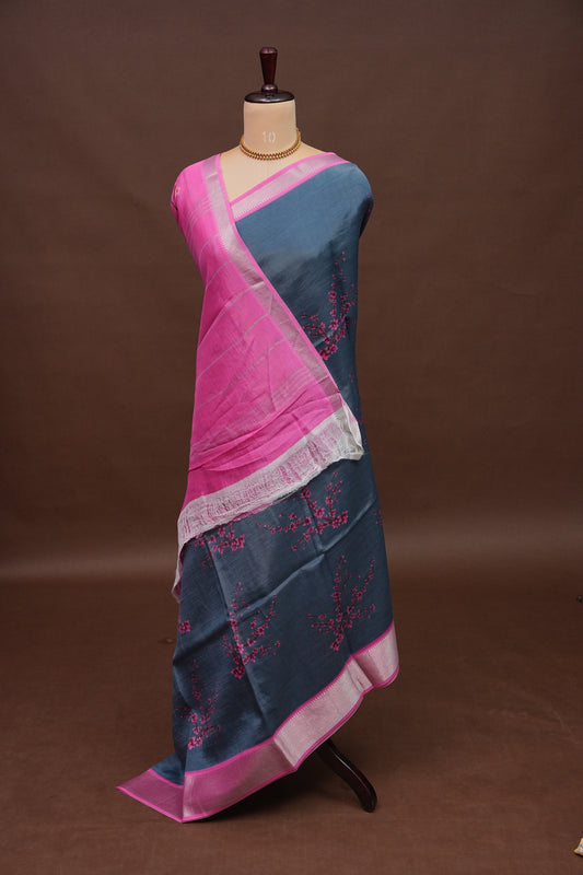 Mangalagiri Printed Silk Saree - Grey & Pink