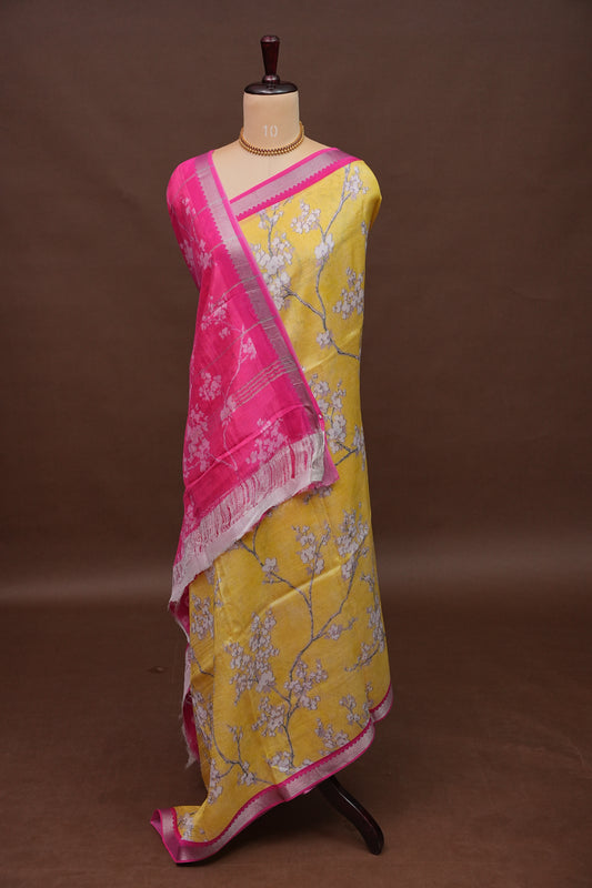 Mangalagiri Printed Silk Saree - Light Yellow & Rani Pink