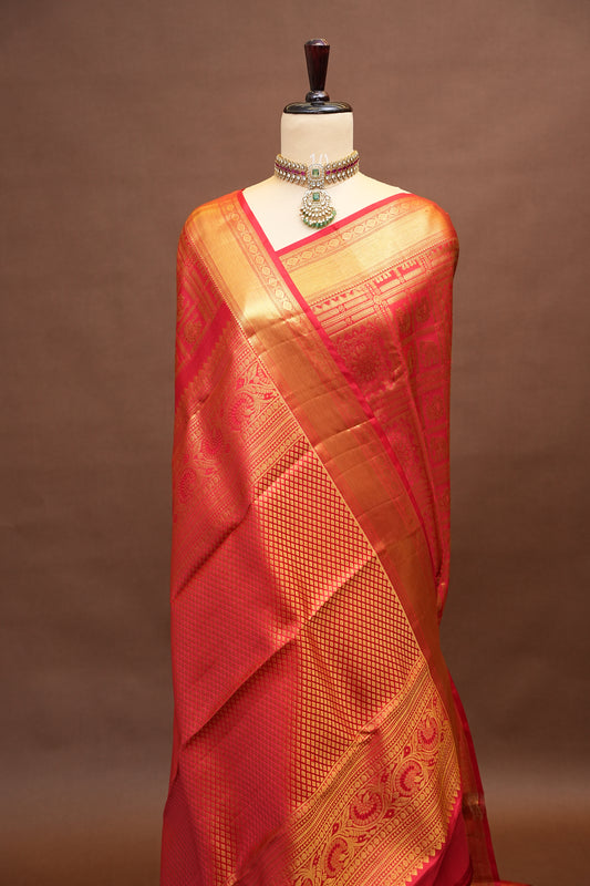 Bridal Red Pure Kanchivaram Silk Saree with Rich Gold Zari Border|Silk Mark Certified