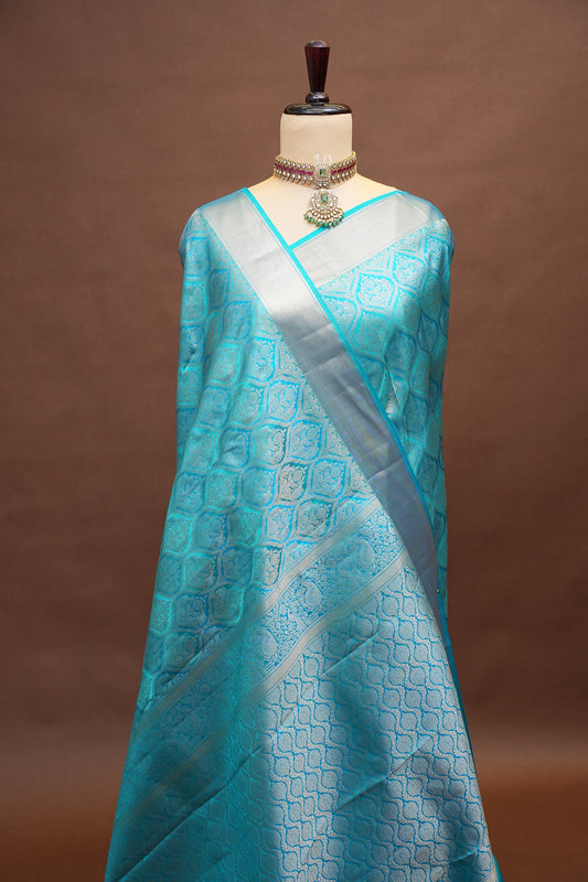 Aqua Blue Pure Kanchivaram Silk Saree with Elegant Antique Gold Zari Weave|Silk Mark Certified.