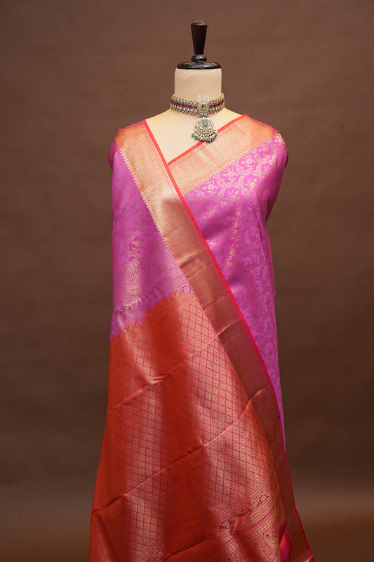 Pure Kanchivaram Silk Saree with Rich Gold Zari Weave - Candy Pink & Orange