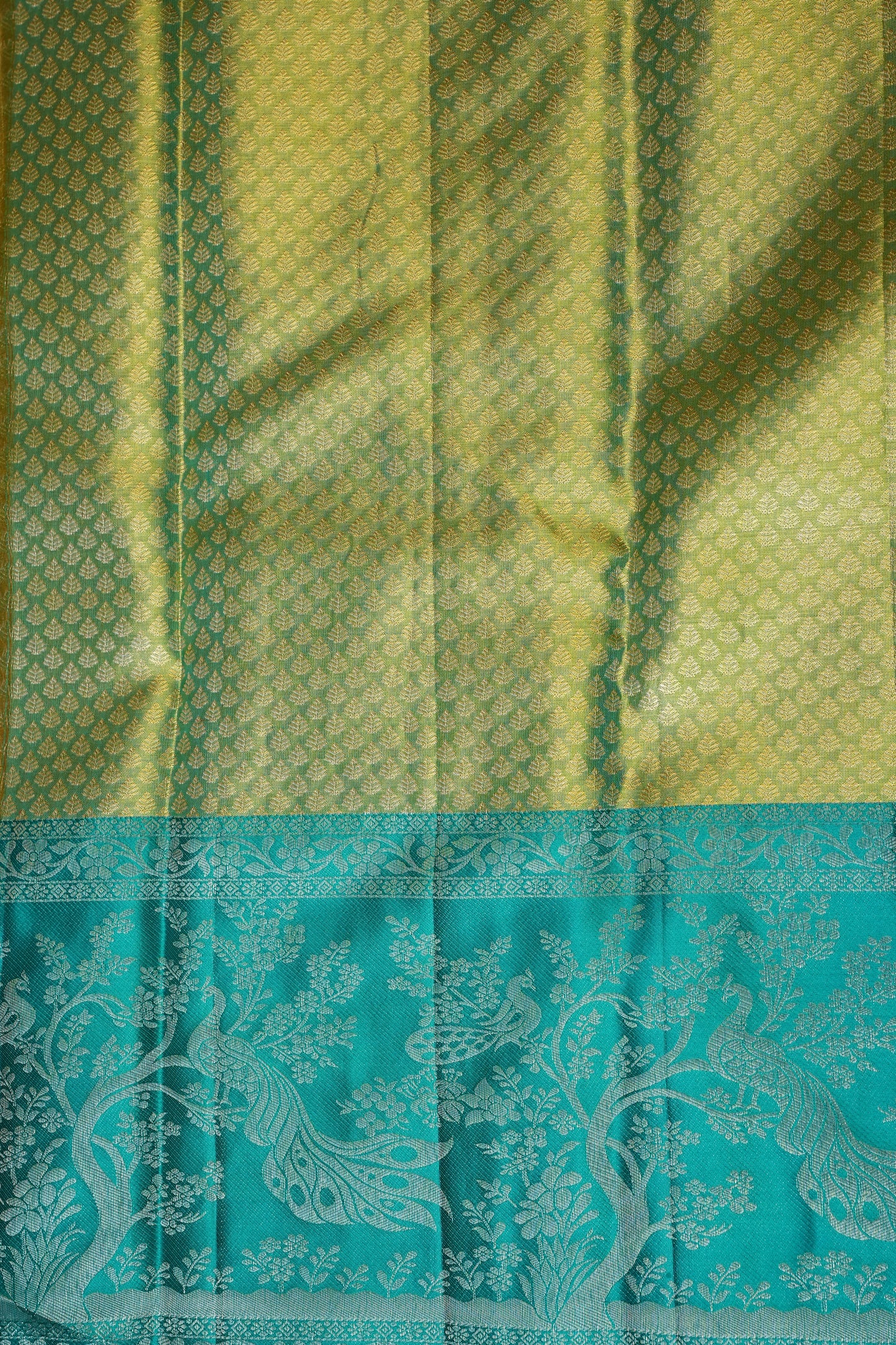 Peach & Turquoise Pure Tissue Kanchipuram Silk Saree|Silk Mark Certified
