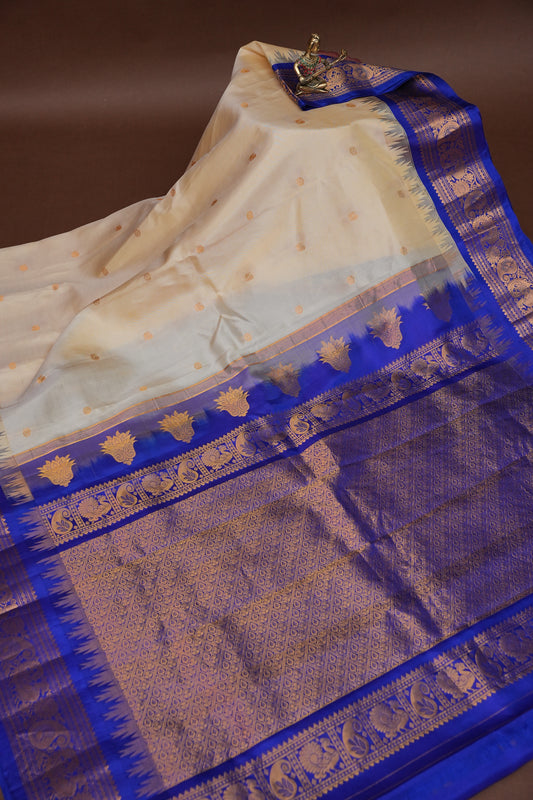 Pure Gadwal Silk Saree - Soft Ivory and Royal Blue