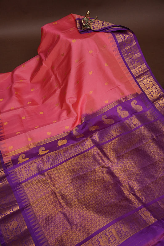 Pure Gadwal Silk Saree - Candy Pink with Deep Purple