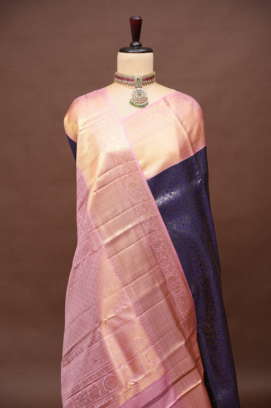 Pure Kanchivaram Silk Saree with Rich 2 Gram Gold Zari Weave - Navy Blue & Blush Pink