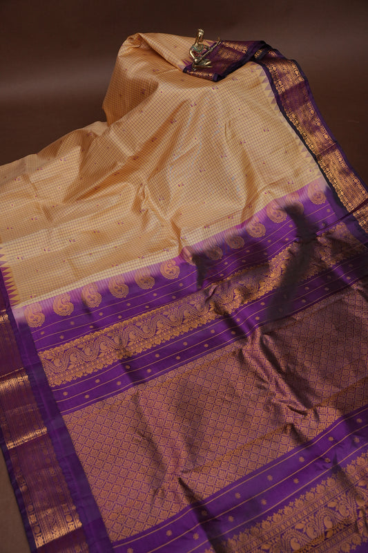 Pure Gadwal Silk Saree - Beige with Deep Purple