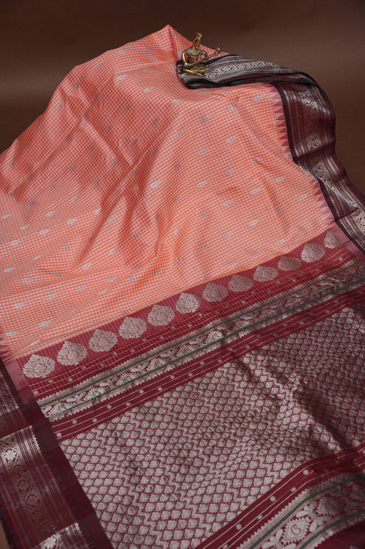 Pure Gadwal Silk Saree - Peach with Maroon