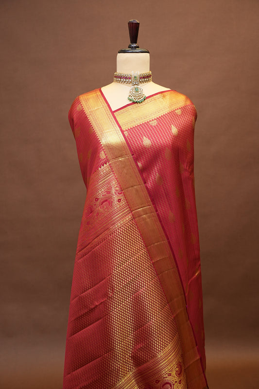 Bridal Deep Red Pure Kanchivaram Silk Saree with Classic Gold Zari Weave|Silk Mark Certified.
