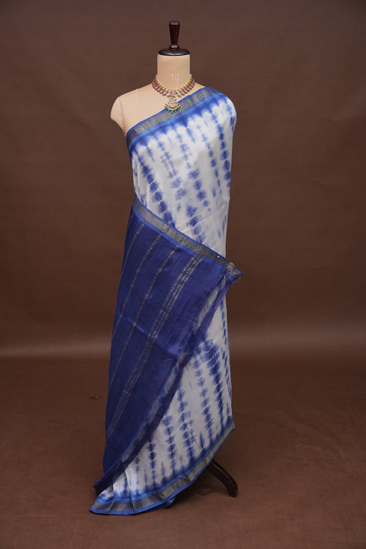 Mangalagiri Silk Shibori Tie & Dye Saree - Indigo Blue & Ivory