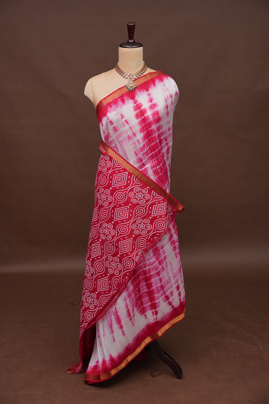 Mangalagiri Silk Shibori Tie & Dye Saree - Red & Ivory White