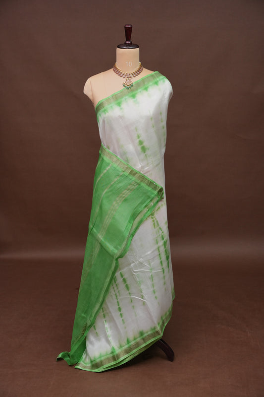 Mangalagiri Silk Shibori Tie & Dye Saree - White with Leaf Green
