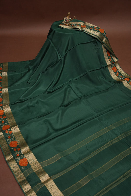 Crepe Silk Saree with Embroidered Border - Bottle Green Color