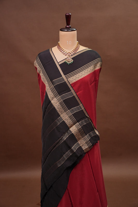 Plain Crepe Silk Saree - Brick Orange and Black