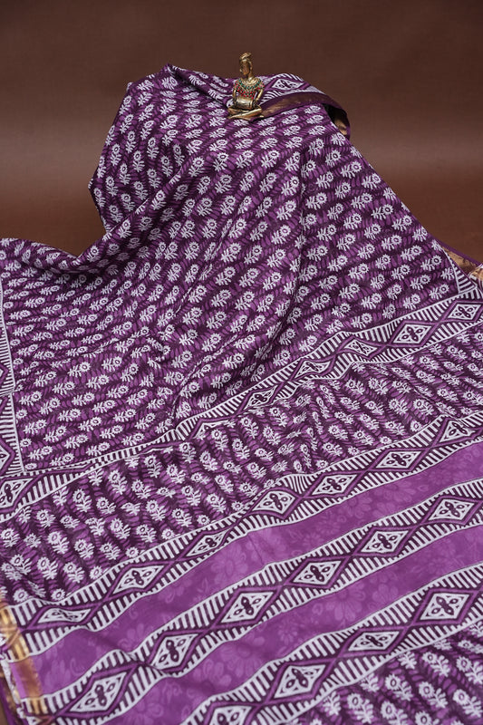 Mul Mul Cotton Ajrak Print Saree - Wine