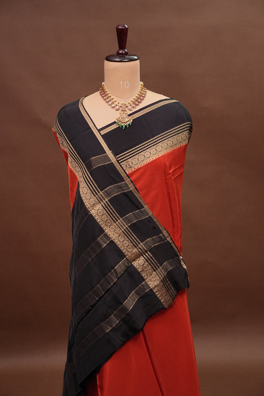 Plain Crepe Silk Saree - Rust and Black