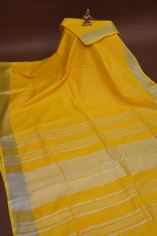 Pure Linen Saree with Tassles - Yellow