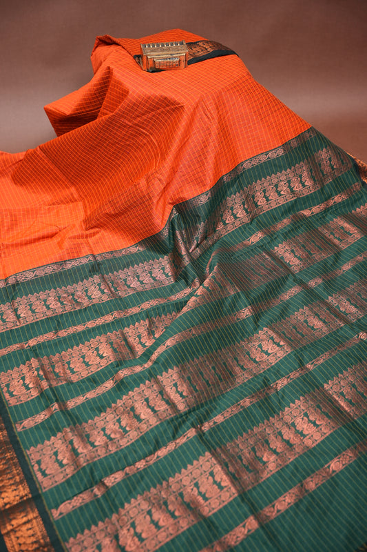 Checkered Kalyani Cotton Silk Saree - Orange