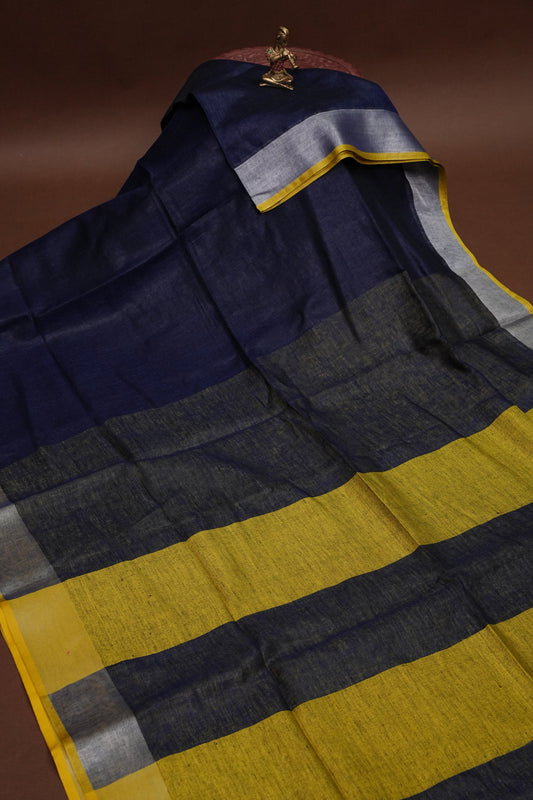 Pure Linen Saree with Tassles - Navy Blue & Mustard Yellow