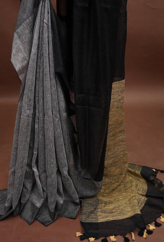 Half & Half Pure Linen Saree with Jute Pallu & Tassles - Black & Grey
