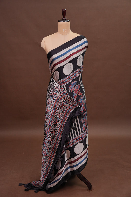 Pure Modal Silk With Block Prints Saree – Black