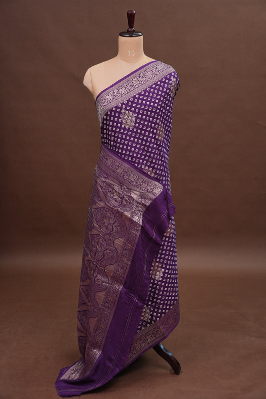 Crushed Munga Banarasi Saree with Bandhini Prints-Purple