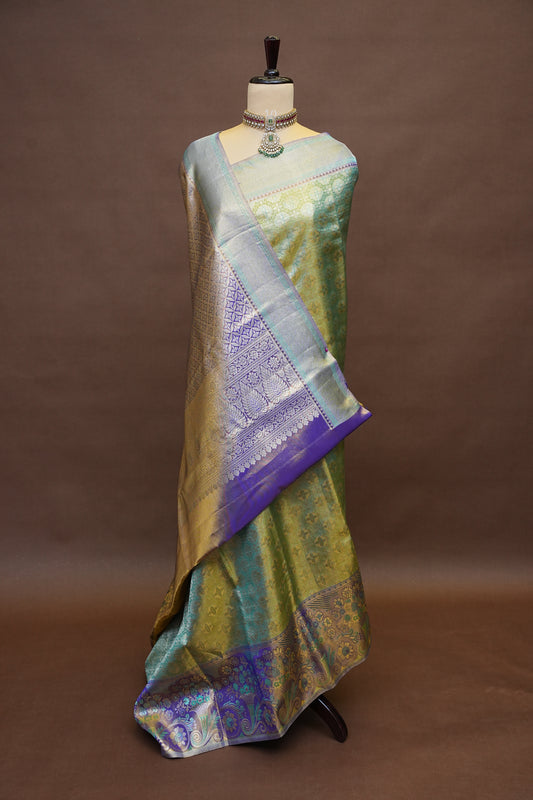 Olive Green & Royal Violet Pure Tissue Kanchipuram Silk Saree|Silk Mark Certified