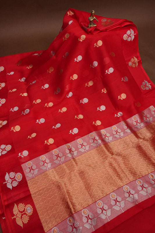 Pure Banarasi Organza(Kora) Silk Handloom Saree with Gold & Silver Zari Buttas – Vermilion Red | Silk Mark Certified