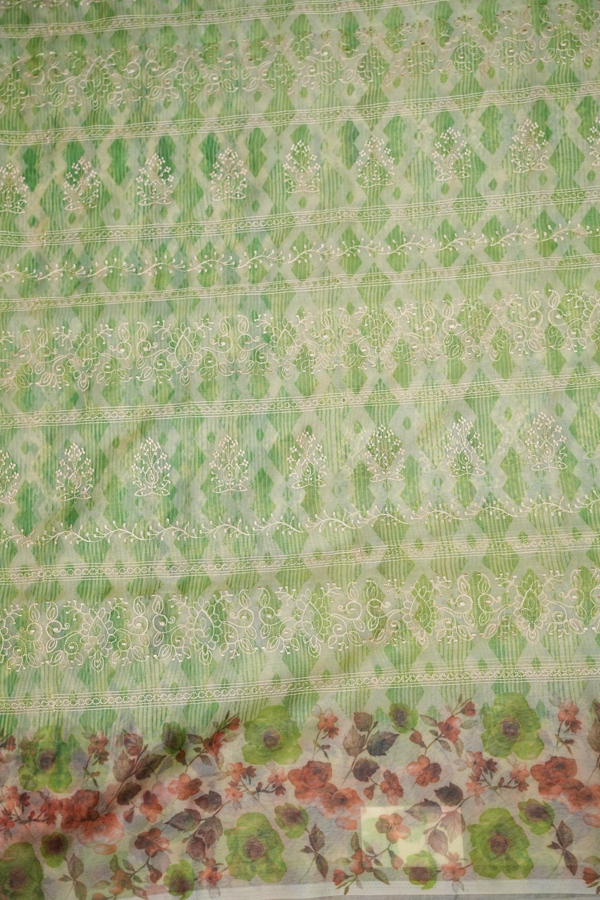 Soft Organza Glass Tissue Saree with Embroidered Floral Design – Leaf Green