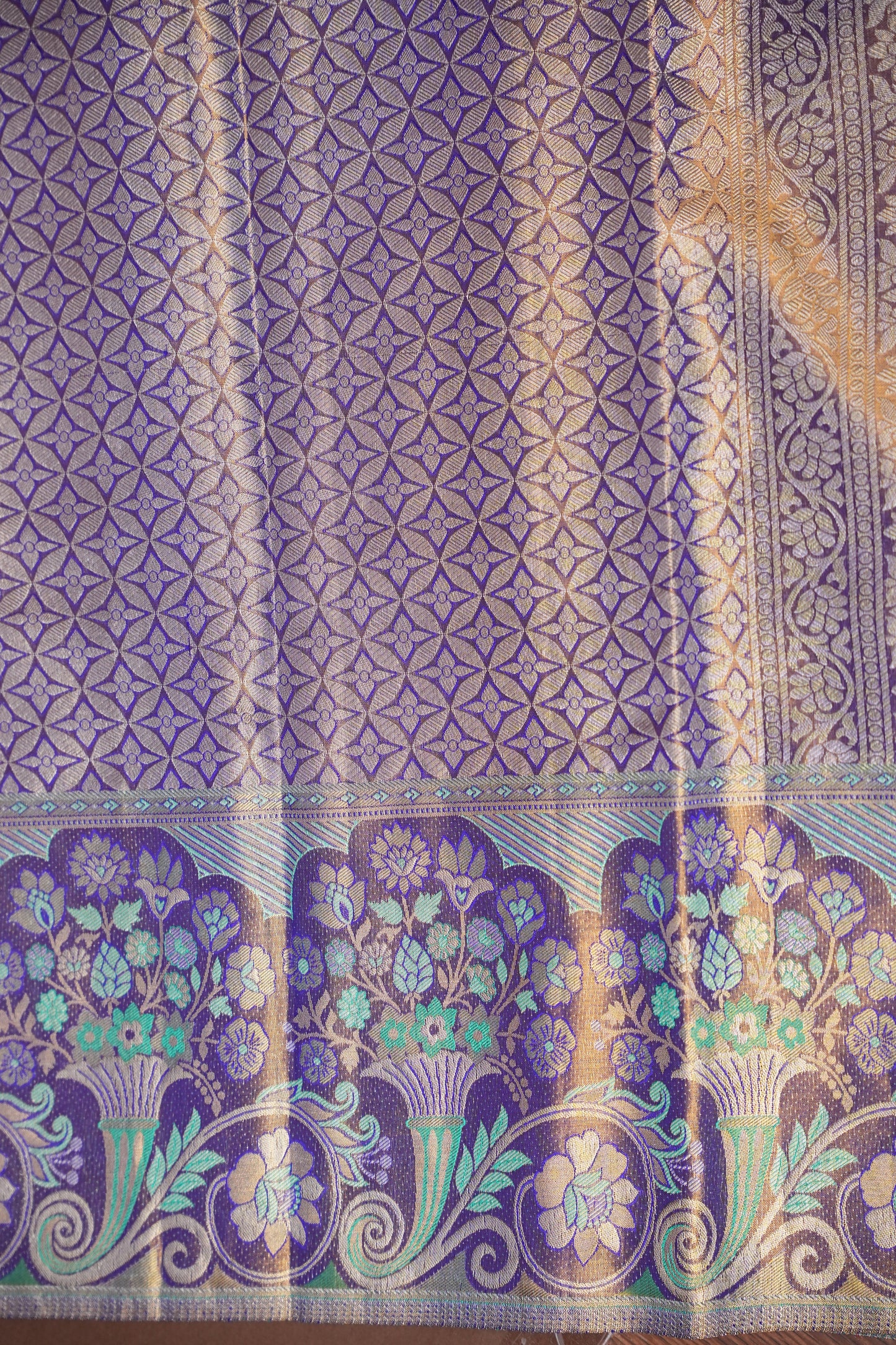 Olive Green & Royal Violet Pure Tissue Kanchipuram Silk Saree|Silk Mark Certified