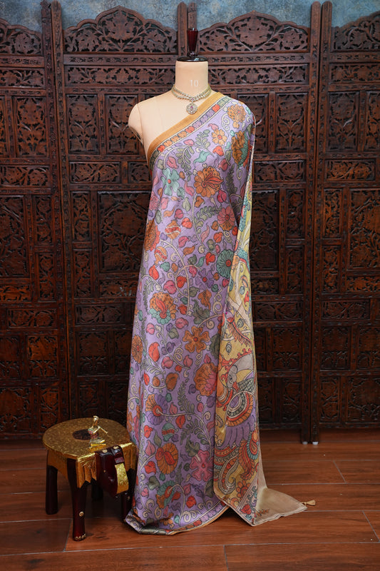 Tussar Silk Saree with Floral Kalamkari Digital Print – Lavender