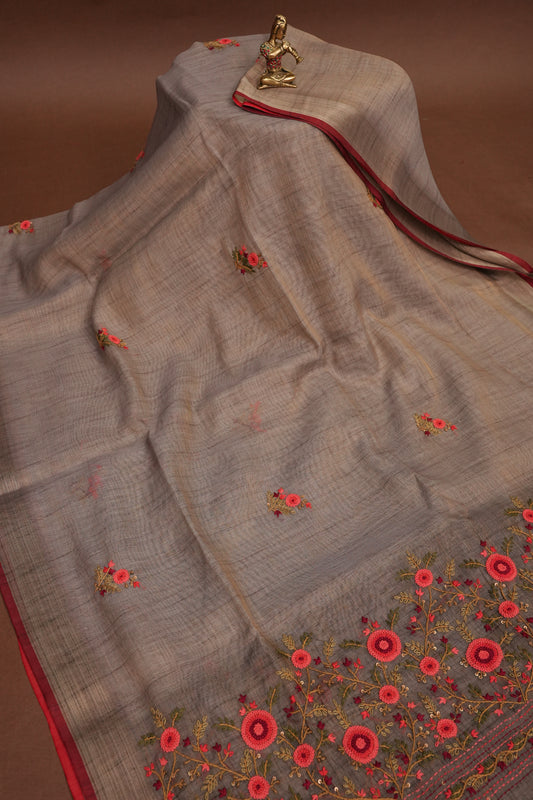 Embroidered Jute Linen Saree - Grey with Purple Undertone