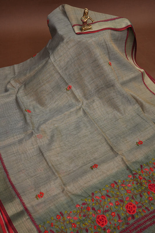 Embroidered Jute Linen Saree - Grey with Blue Undertone
