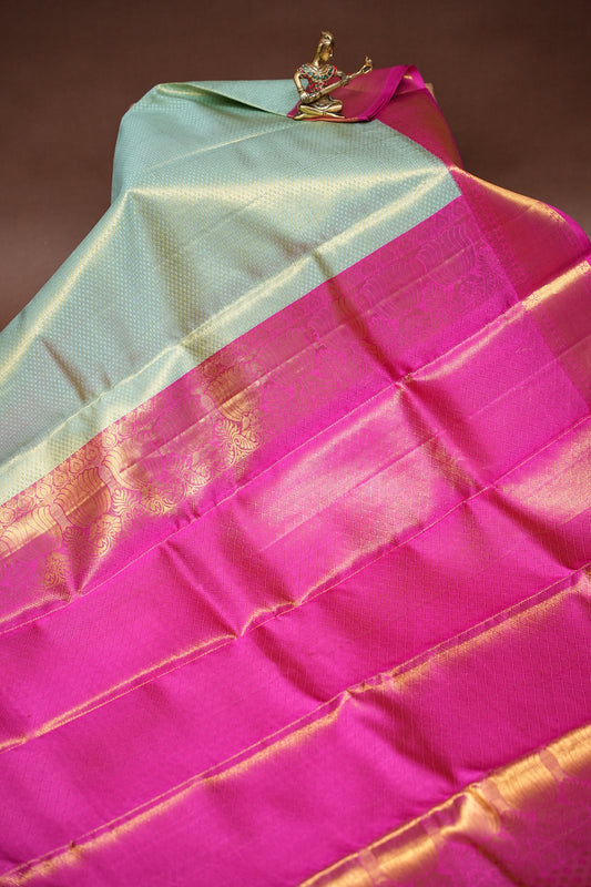 Pastel Mint Green & Hot Pink Pure Tissue Kanchipuram Silk Saree|Silk Mark Certified