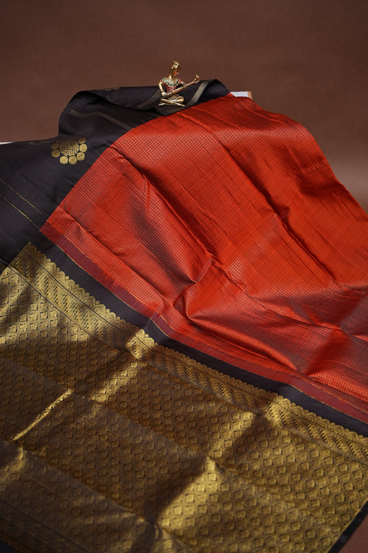 Pure Kanchivaram Silk Saree - Rust Orange with Black