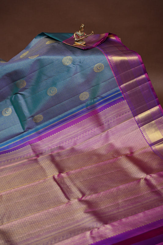 Peacock Blue & Purple Pure Kanchipuram Brocade Silk Saree|Silk Mark Certified